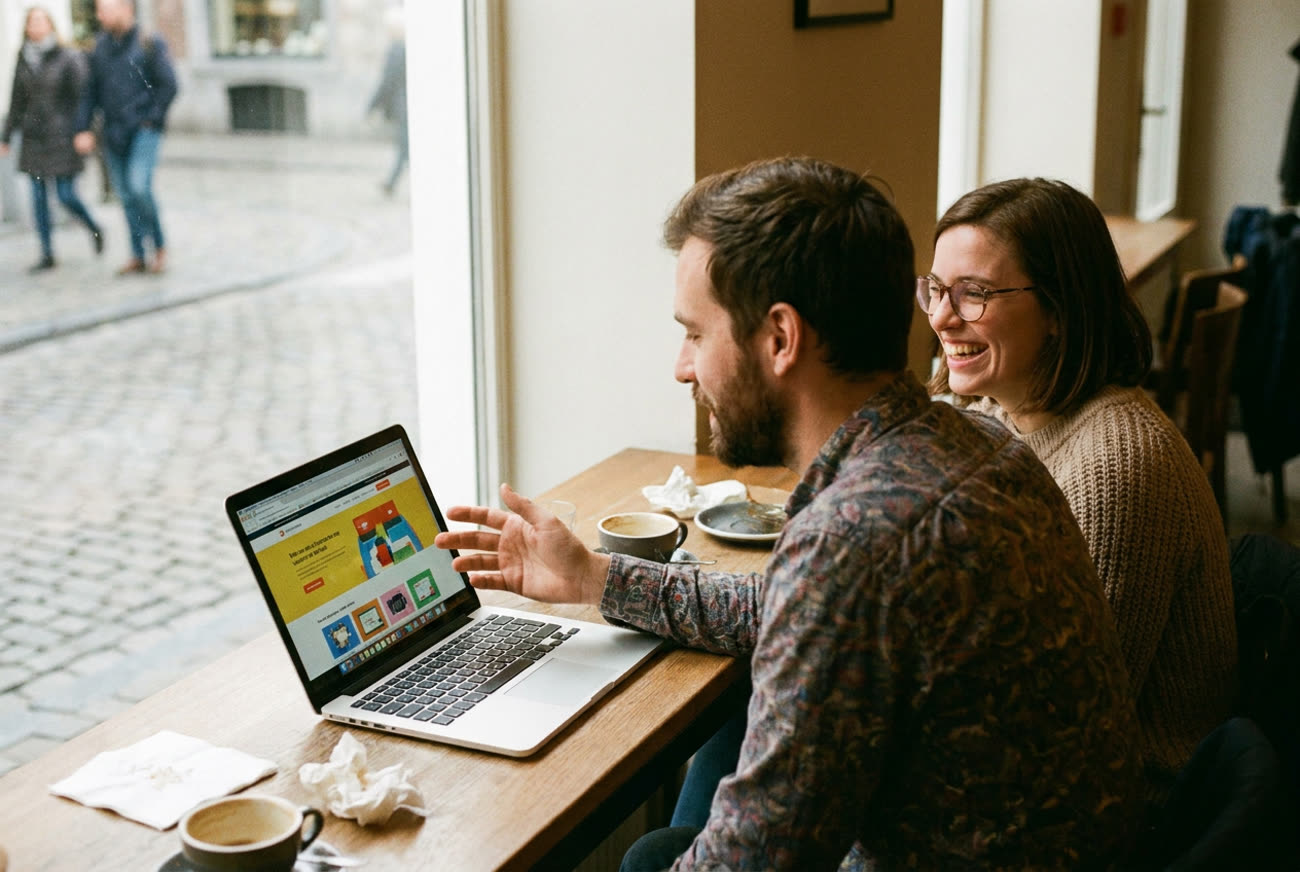 Een ontwerper van Deallos die samen met een klant naar een website kijkt op een laptop