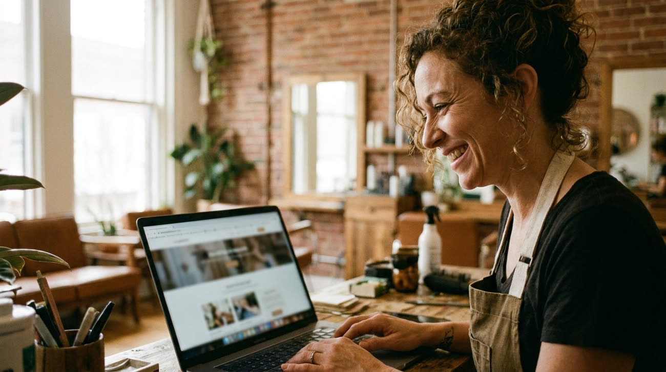 Een ondernemer bekijkt haar nieuwe website live op een laptop