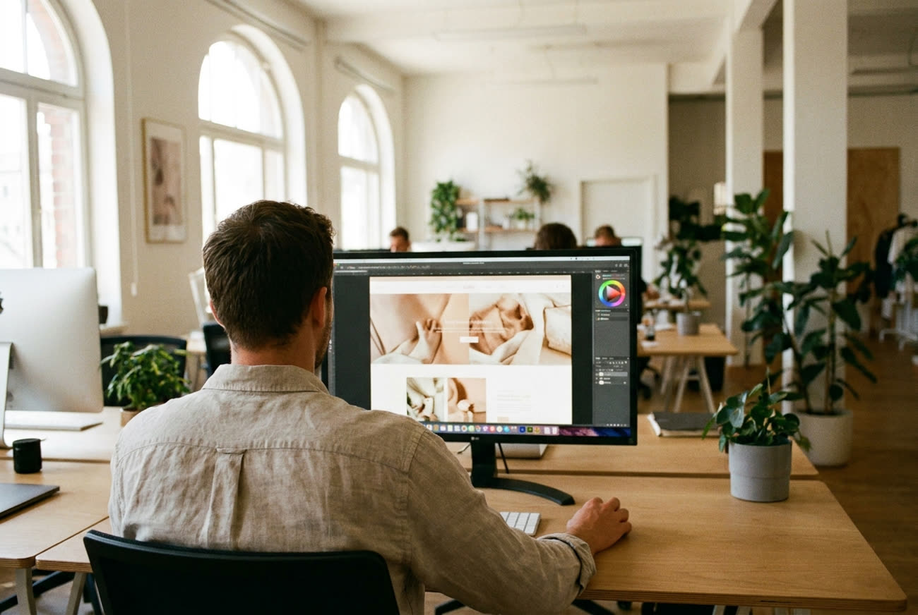 Een ontwerper van Deallos werkt aan een website op een groot scherm